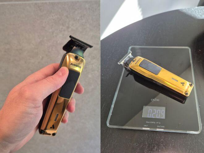 Andis Phenom trimmer holdt i hånda, og den samme trimmeren på en kjøkkenvekt som viser 209 gram.